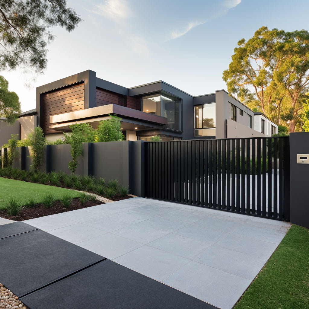 A modern house with a black gate